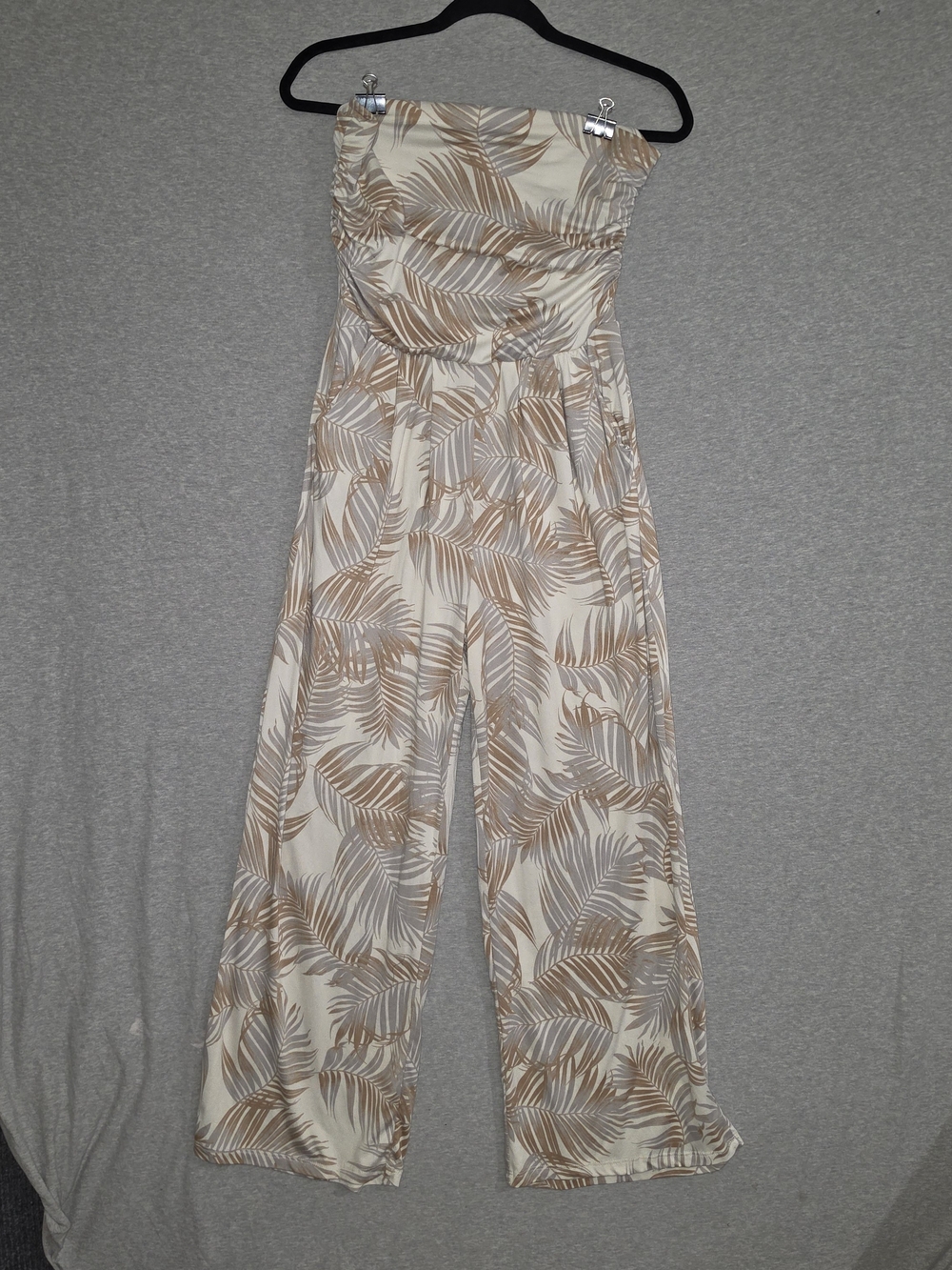 Heart & Hips Strapless Tropical Leaf Jumpsuit in Beige and Cream